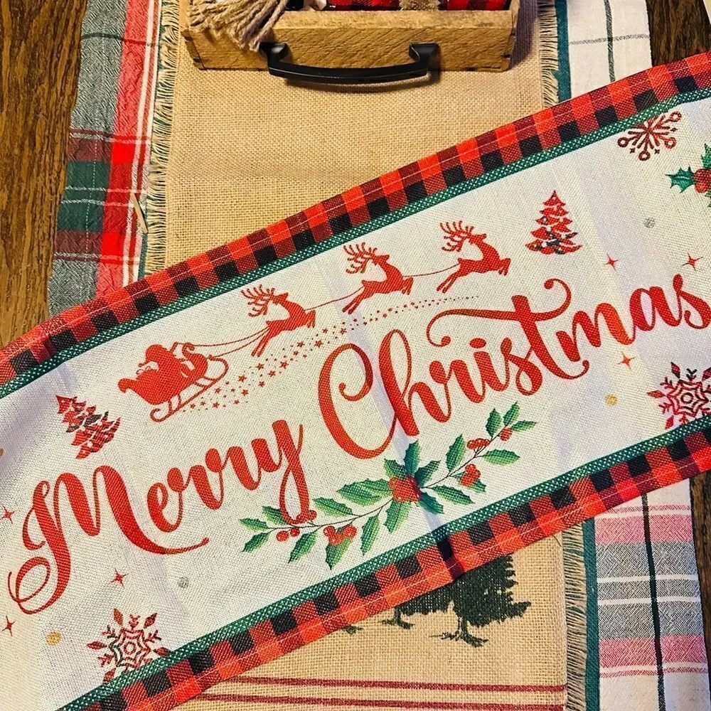 Christmas Burlap Linen Blend 108x13” Buffalo Plaid Table Runner